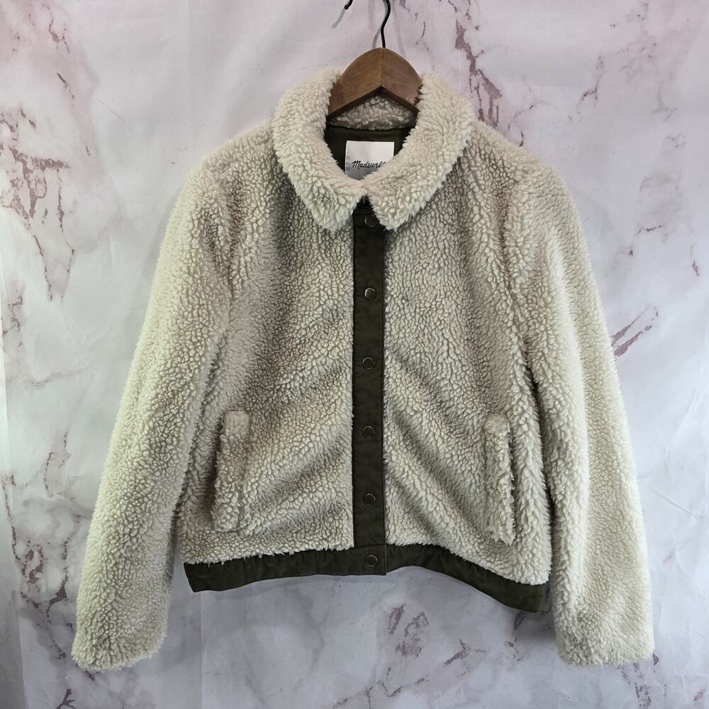 Madewell Jacket Womens Medium Cream Green Sherpa Portland Teddy Fuzzy Coat